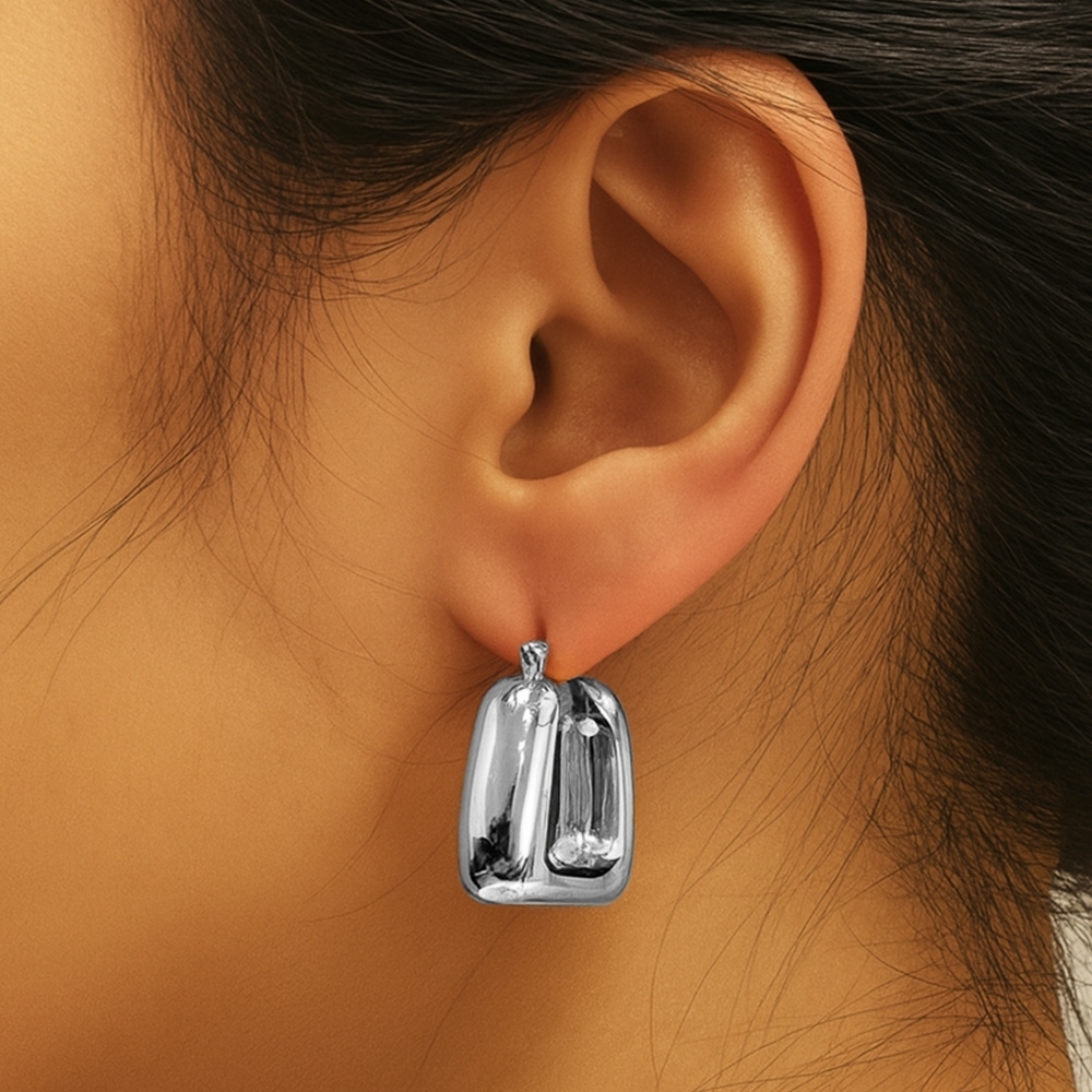 Puffed Silver Square Hoop Earrings Casual Simple Thick Chunky Metal Womens